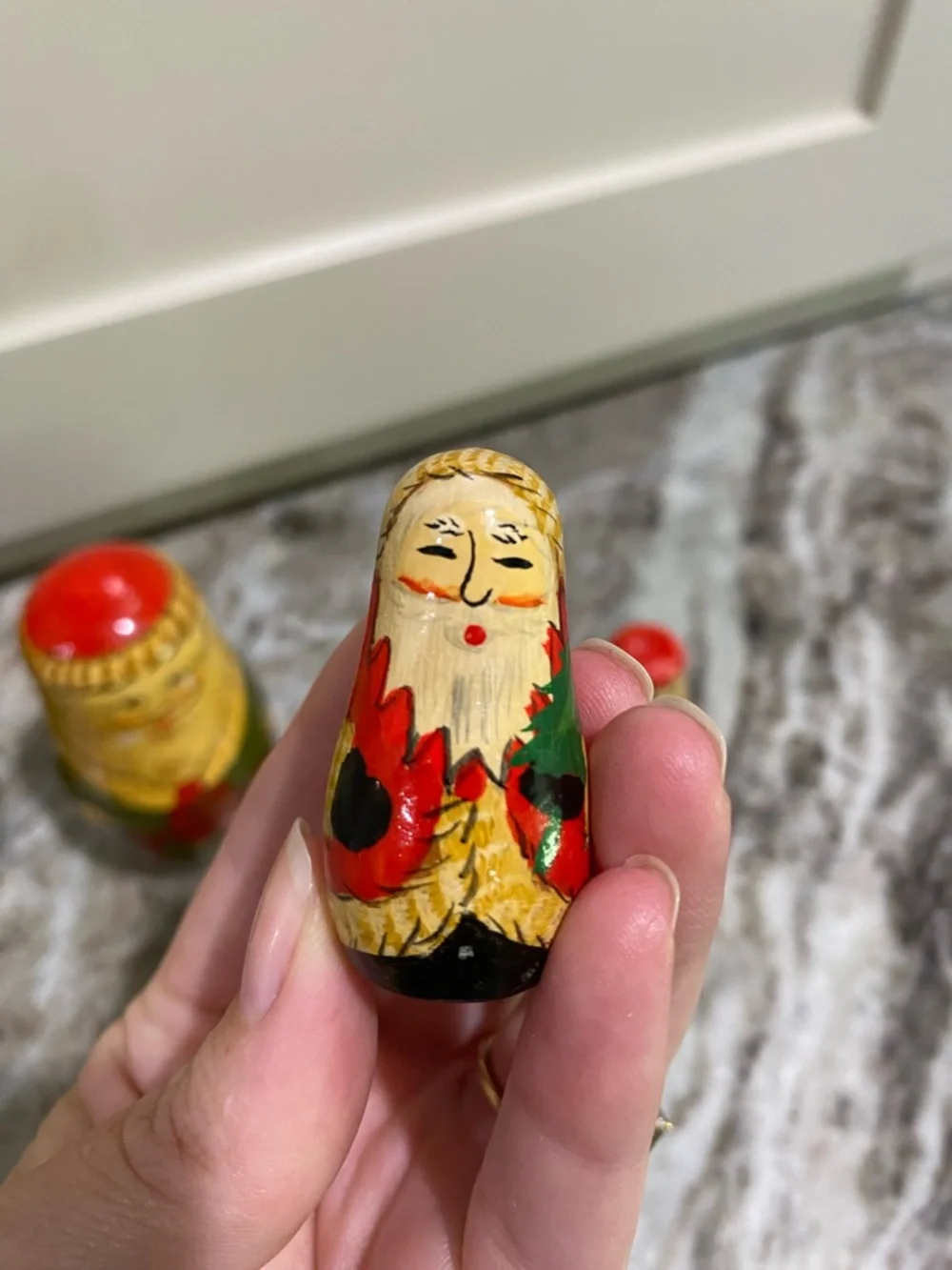 Vintage Hand-Painted Russian Santa Nesting Dolls Set - Green and Red